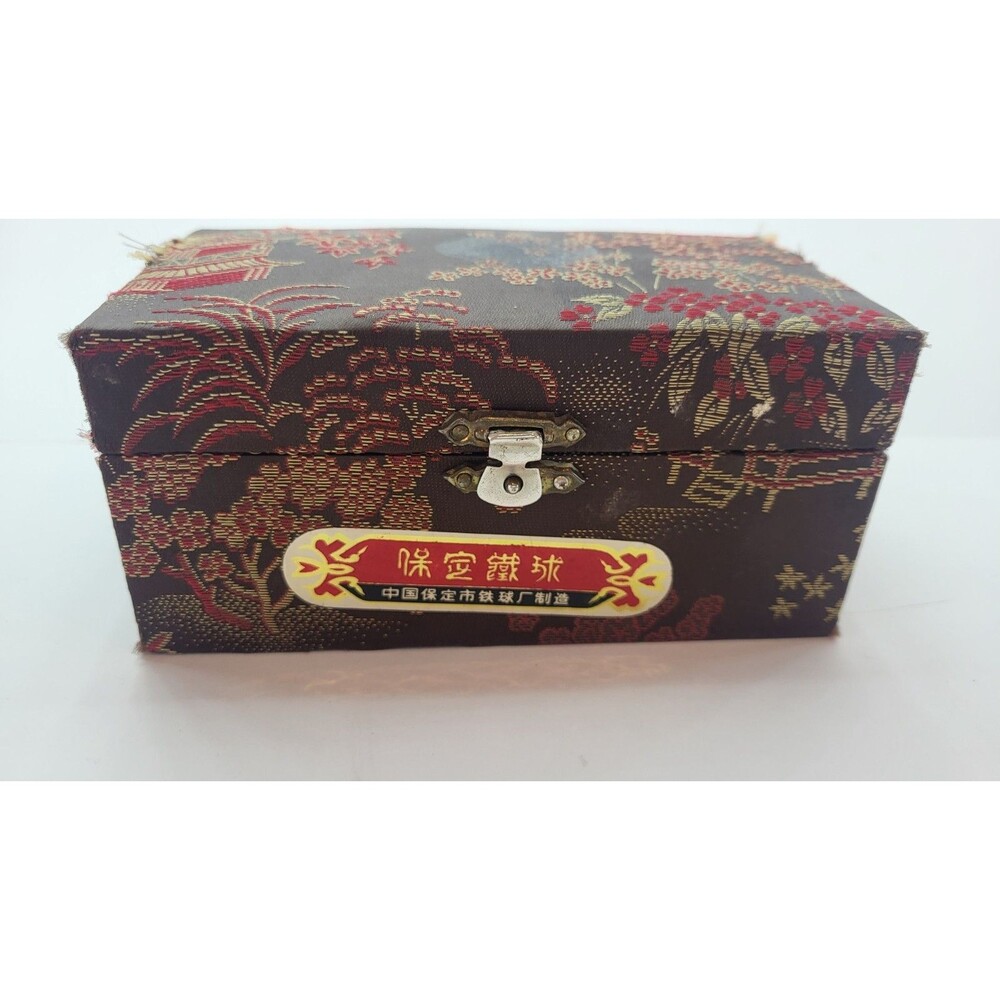 Vintage Chinese Baoding Iron Health Balls Chrome Chiming Large Brocade Box